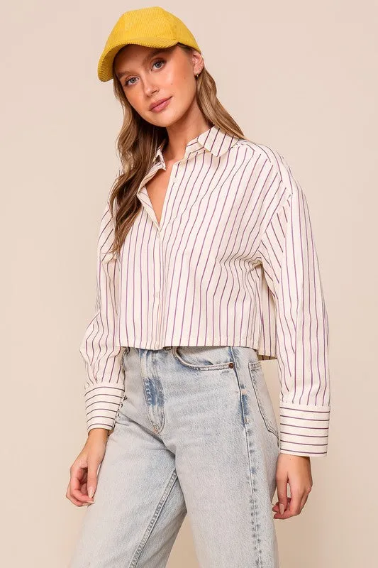 Ivory/Pink Striped Cropped Button Down Shirt