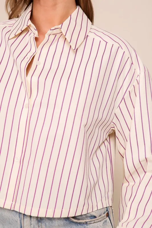 Ivory/Pink Striped Cropped Button Down Shirt