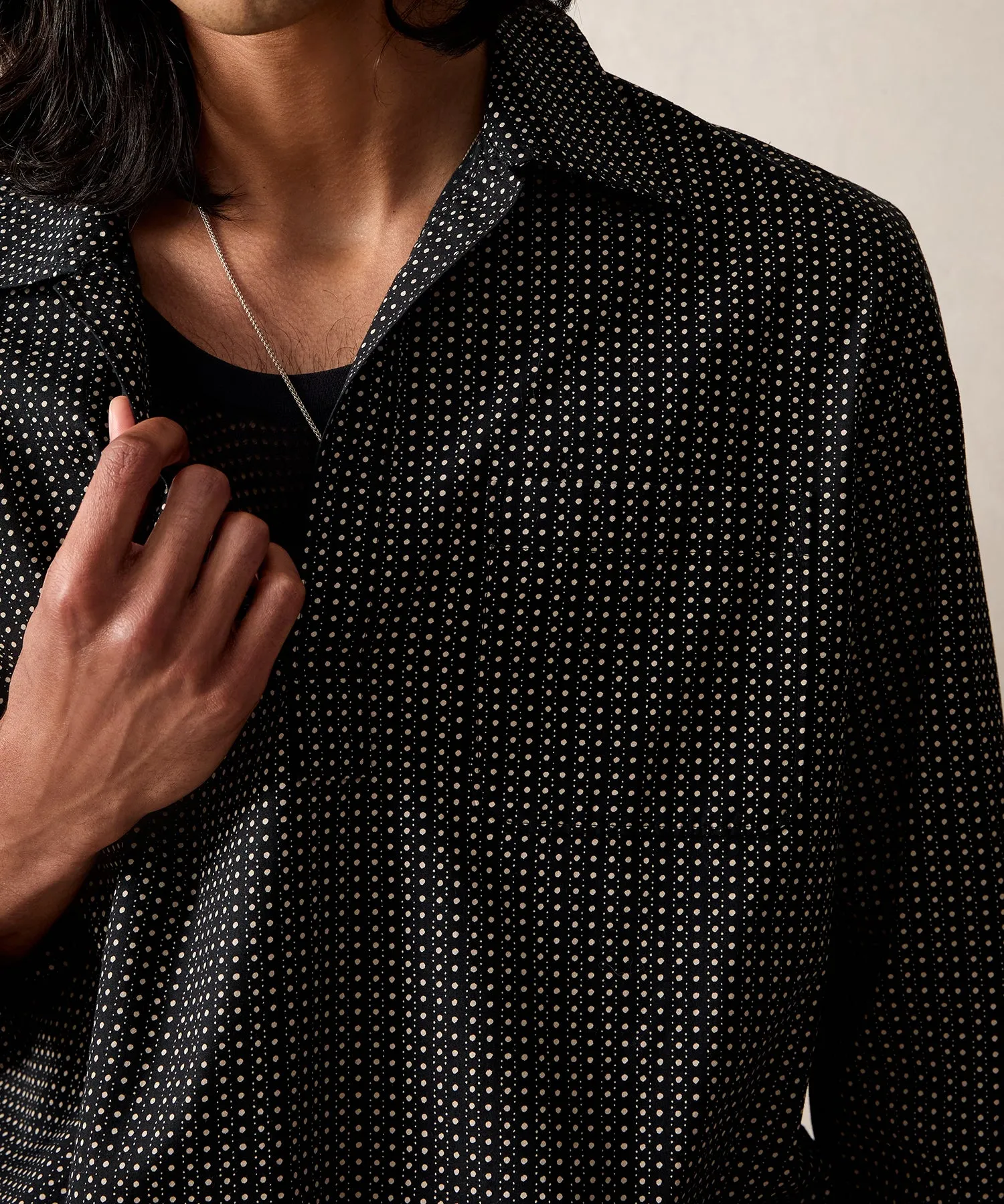 Japanese Long-Sleeve Popover Shirt in Black Dot