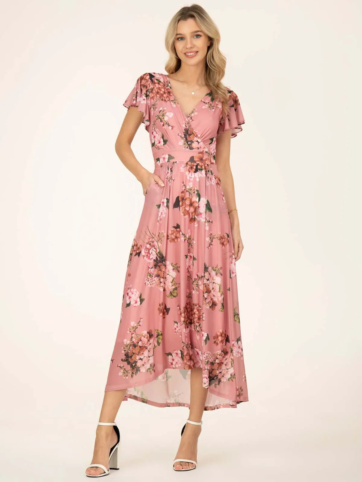 Jolie Moi Eliza Dip Hem Mesh Maxi Dress, Mauve