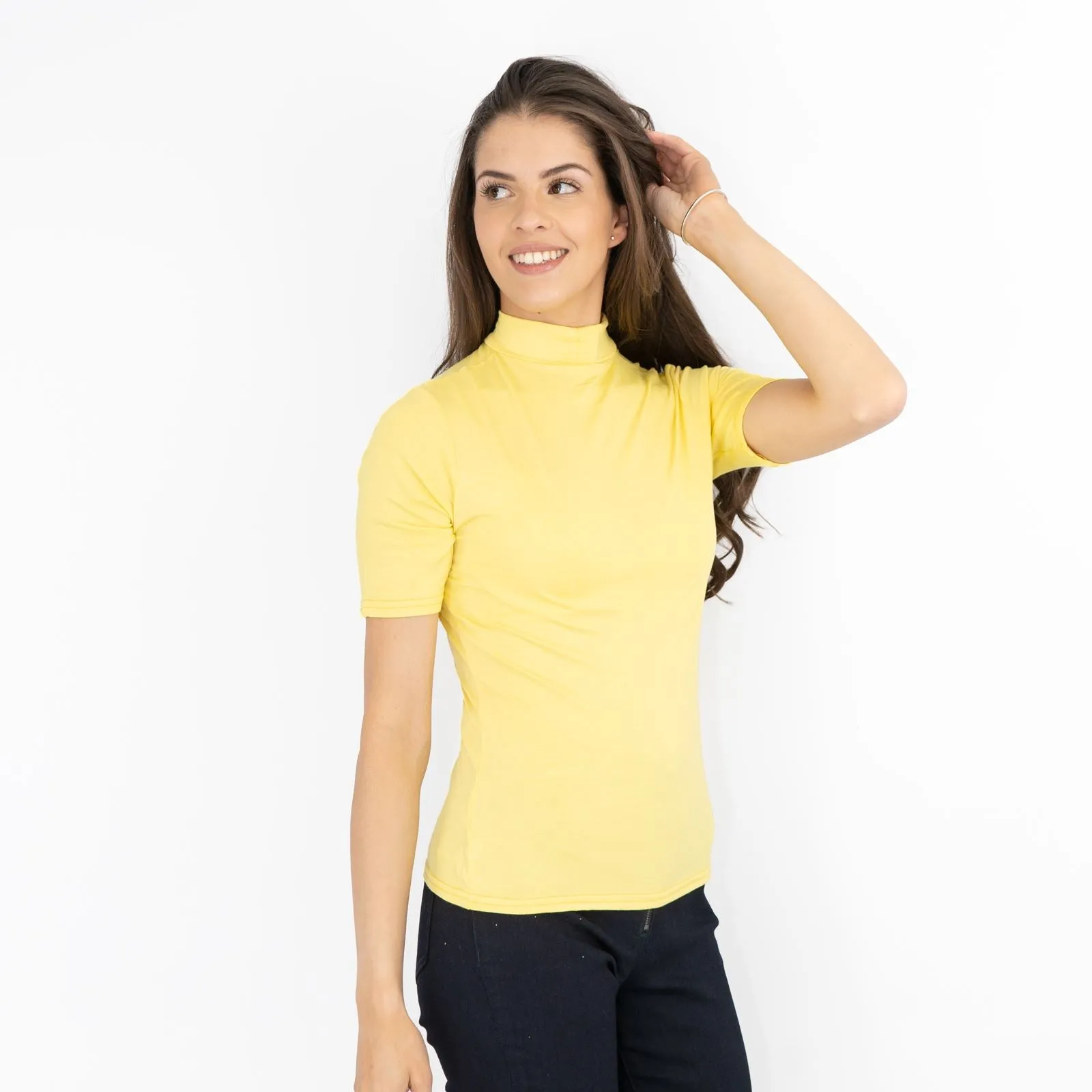 Karen Millen Yellow Short Sleeve Jersey Funnel Neck Top