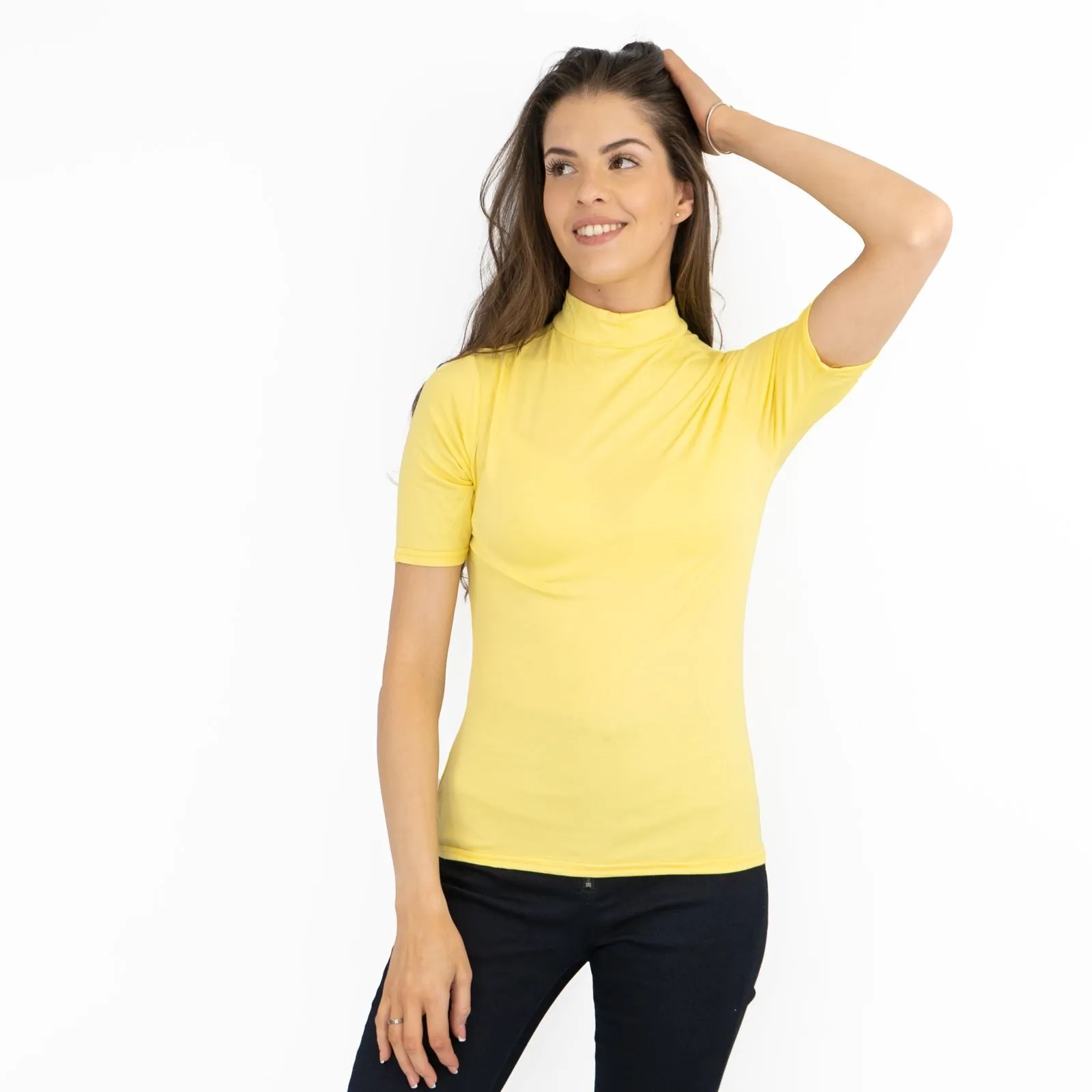 Karen Millen Yellow Short Sleeve Jersey Funnel Neck Top