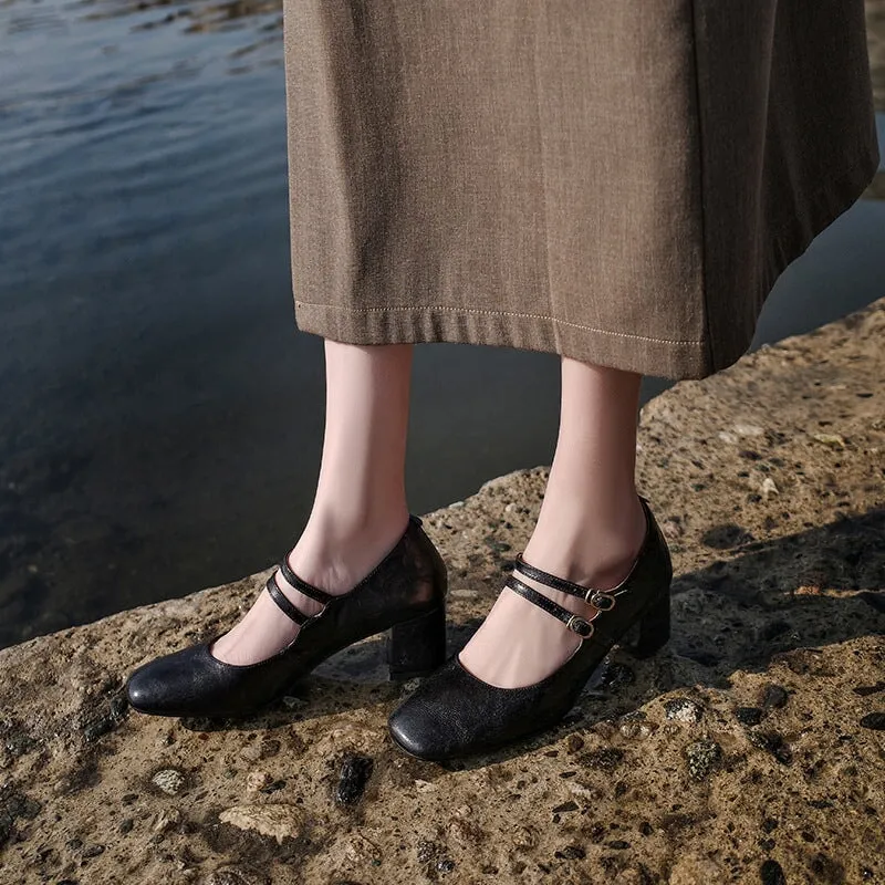 Leather Mary Jane Pumps Double Strappy 50mm Block Heel Dress Shoes in Brown/Black