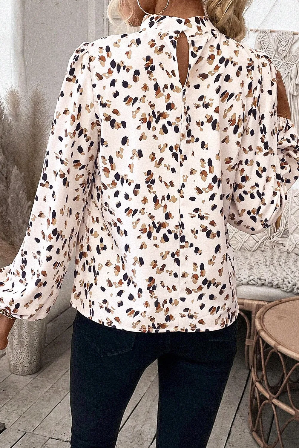 Leopard Print Puff Sleeve Mock Neck Pleated Blouse