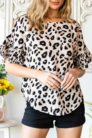 Leopard Ruffle Batwing Sleeve Blouse