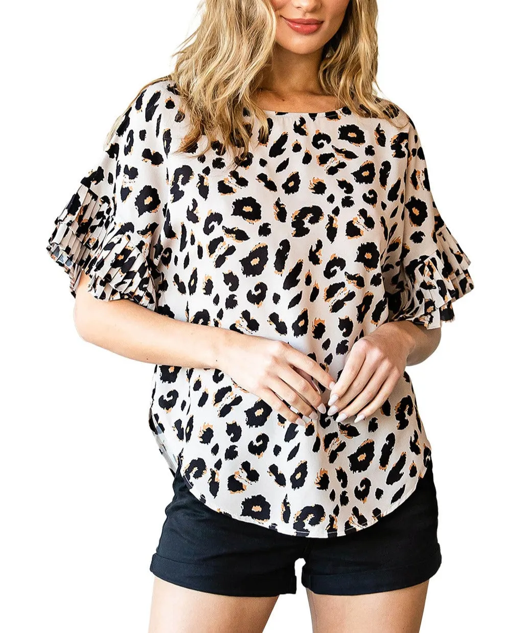 Leopard Ruffle Batwing Sleeve Blouse