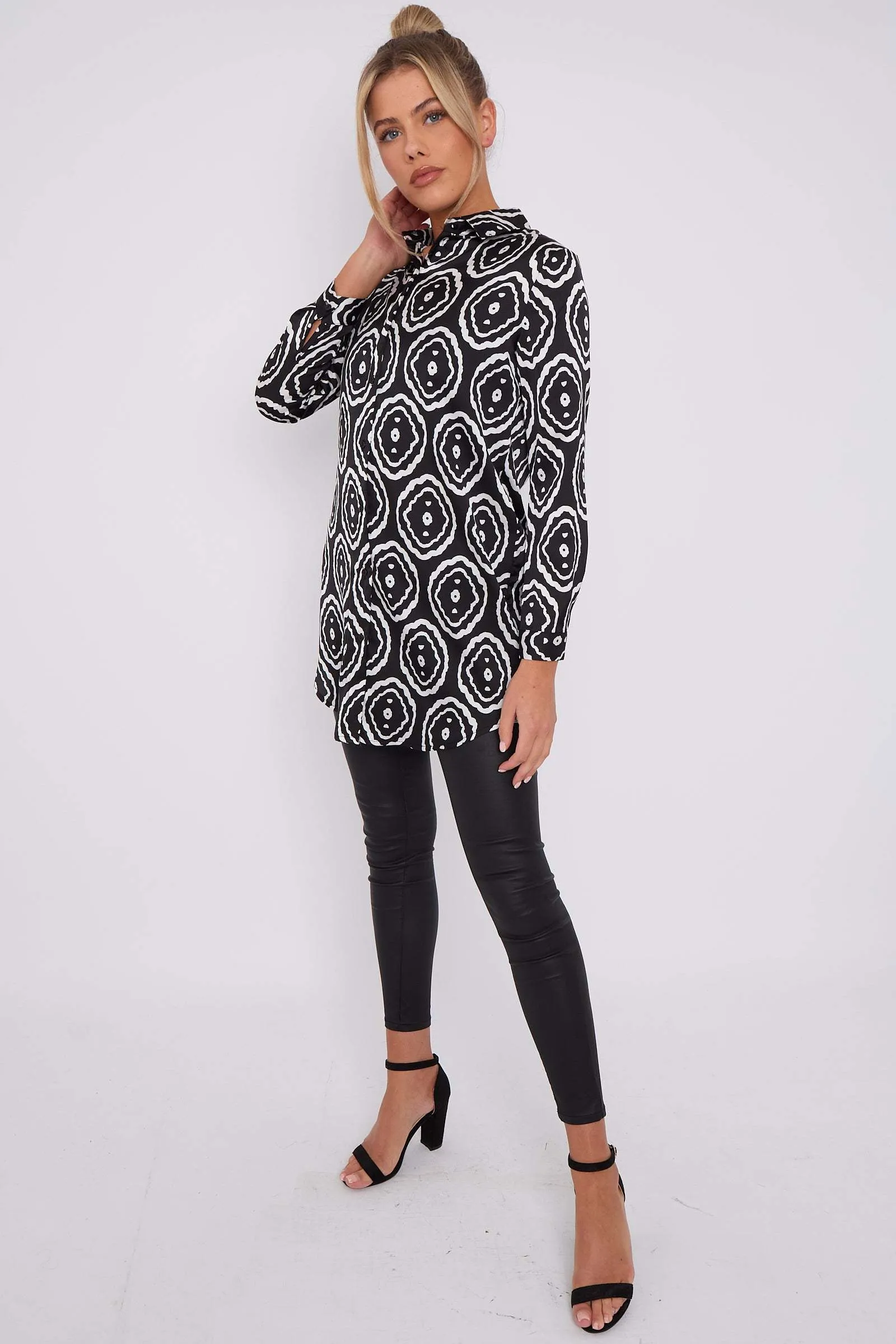 LOVE SUNSHINE Mono Tribe Print Bubble Satin Long Shirt