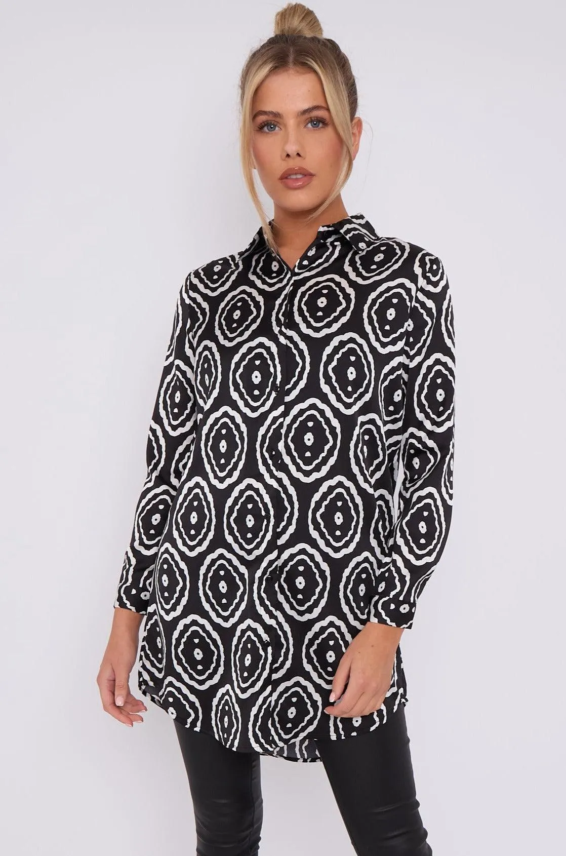 LOVE SUNSHINE Mono Tribe Print Bubble Satin Long Shirt