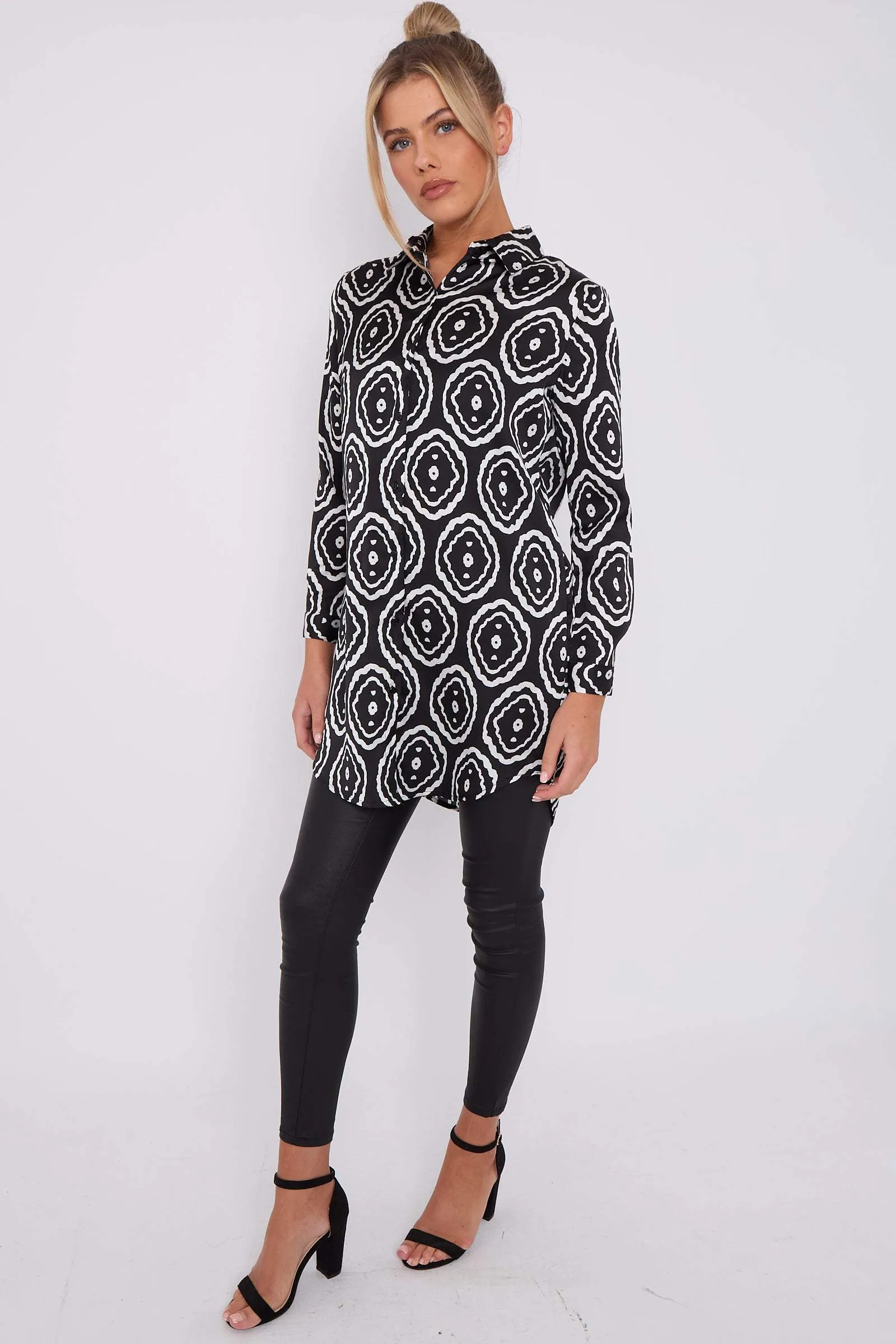 LOVE SUNSHINE Mono Tribe Print Bubble Satin Long Shirt