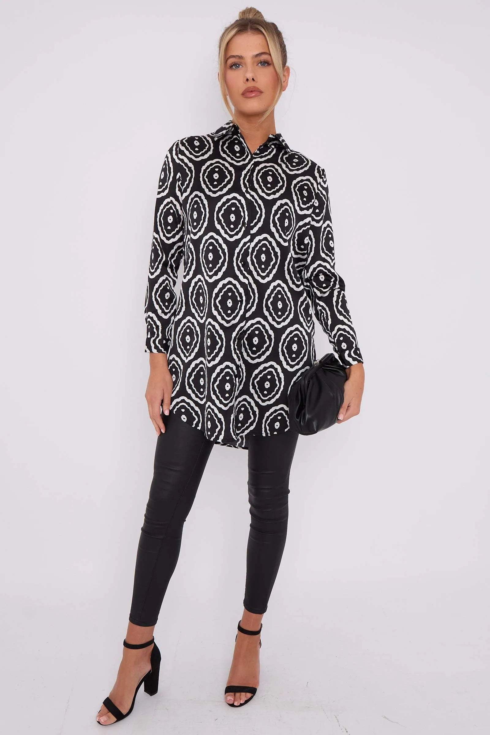 LOVE SUNSHINE Mono Tribe Print Bubble Satin Long Shirt