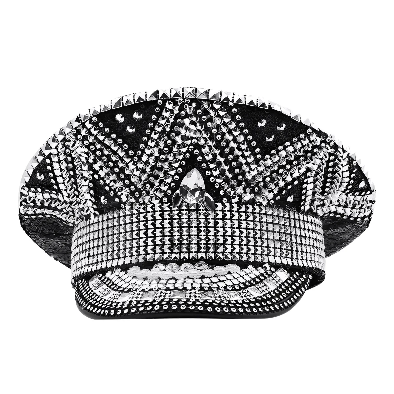 Luxury Rhinestone Black Captain Hat Black Hat Women's Festival Party Hat