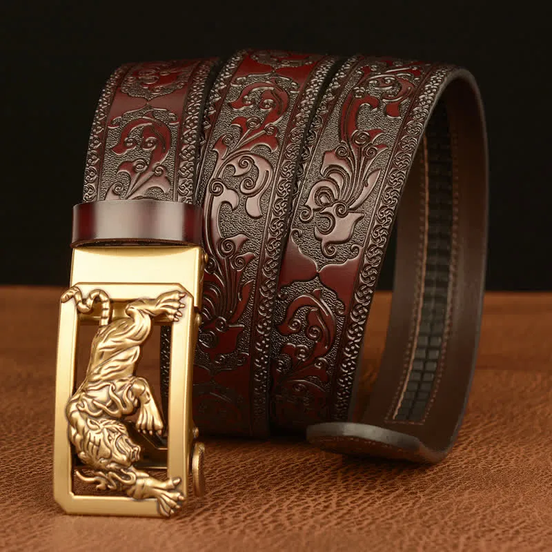 Men's Tiger Buckle Floral Embossed Leather Belt