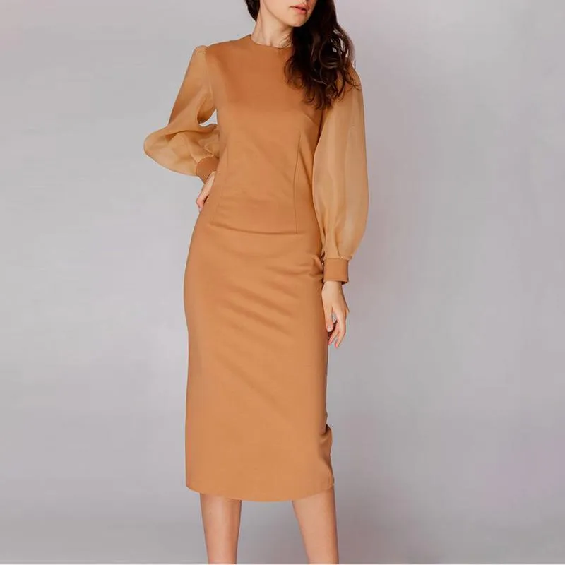 Mesh stitching puff sleeve solid color round neck long dress women's clothing