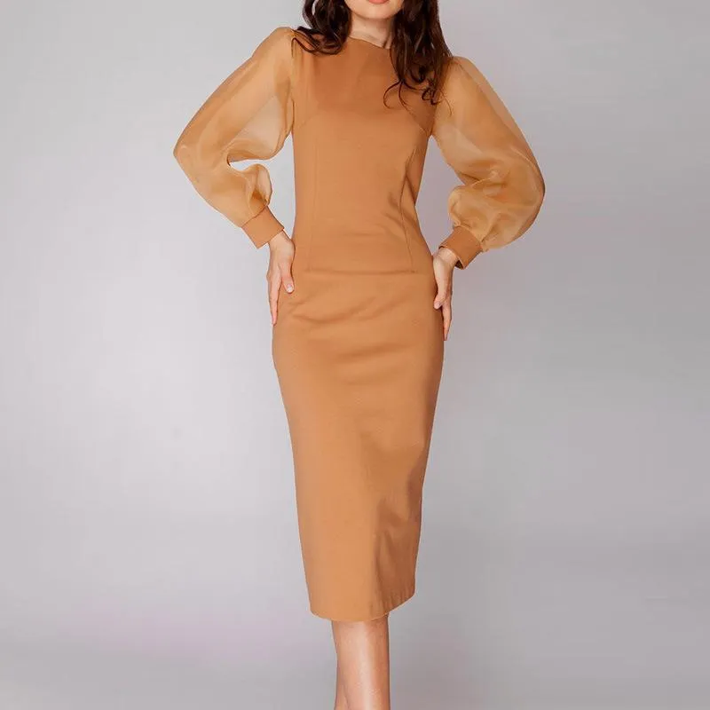 Mesh stitching puff sleeve solid color round neck long dress women's clothing