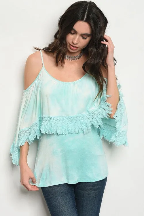 Mint Green Tie Dye Cold Shoulder Top