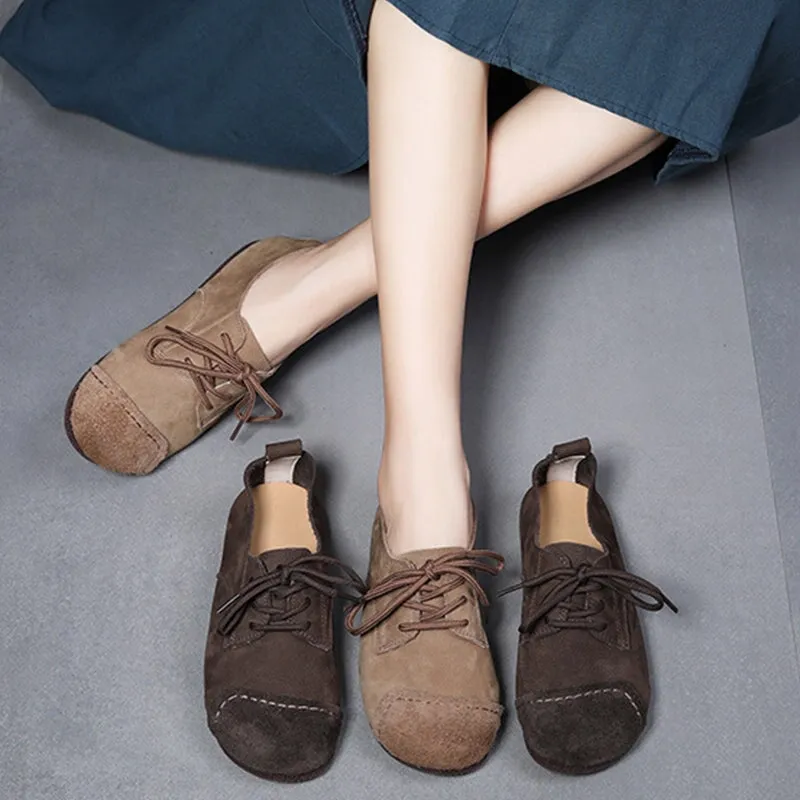 Mori Girl Style Handmade Soft Leather Lace Up Flats in Camel/Coffee