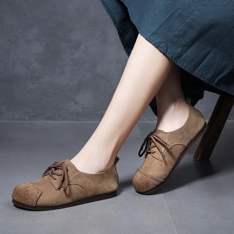 Mori Girl Style Handmade Soft Leather Lace Up Flats in Camel/Coffee