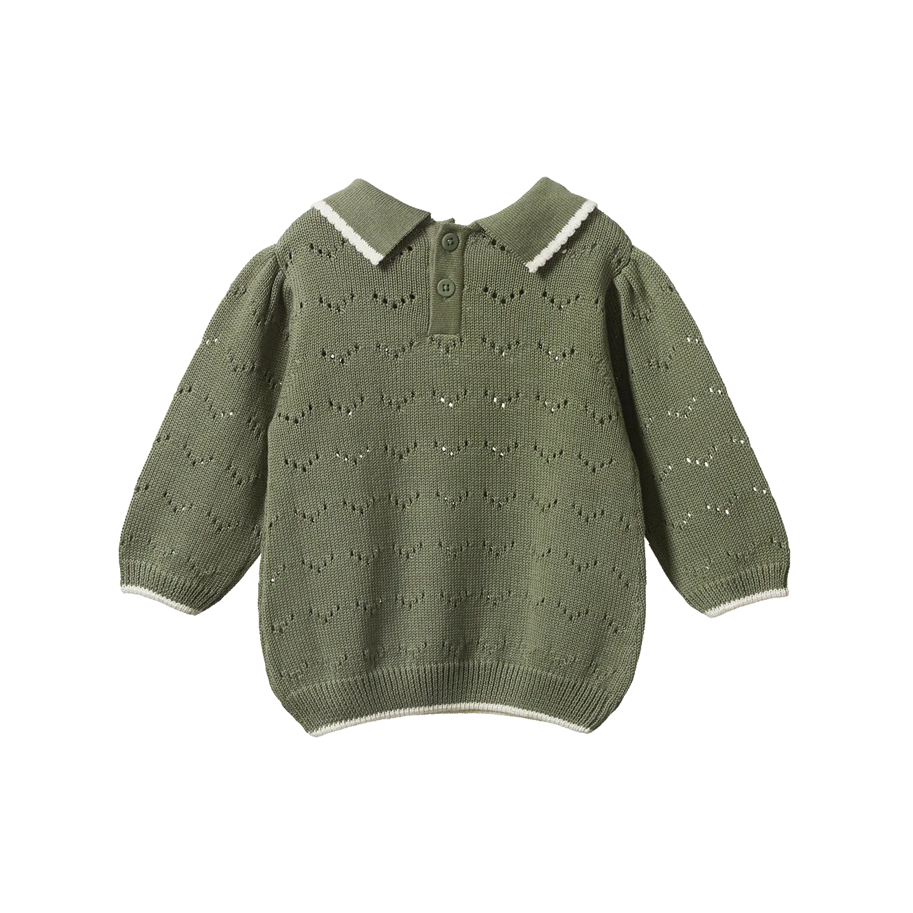 NATURE BABY LONG SLEEVE MAEVE POLO HEDGE GREEN POINTELLE