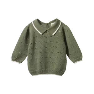 NATURE BABY LONG SLEEVE MAEVE POLO HEDGE GREEN POINTELLE