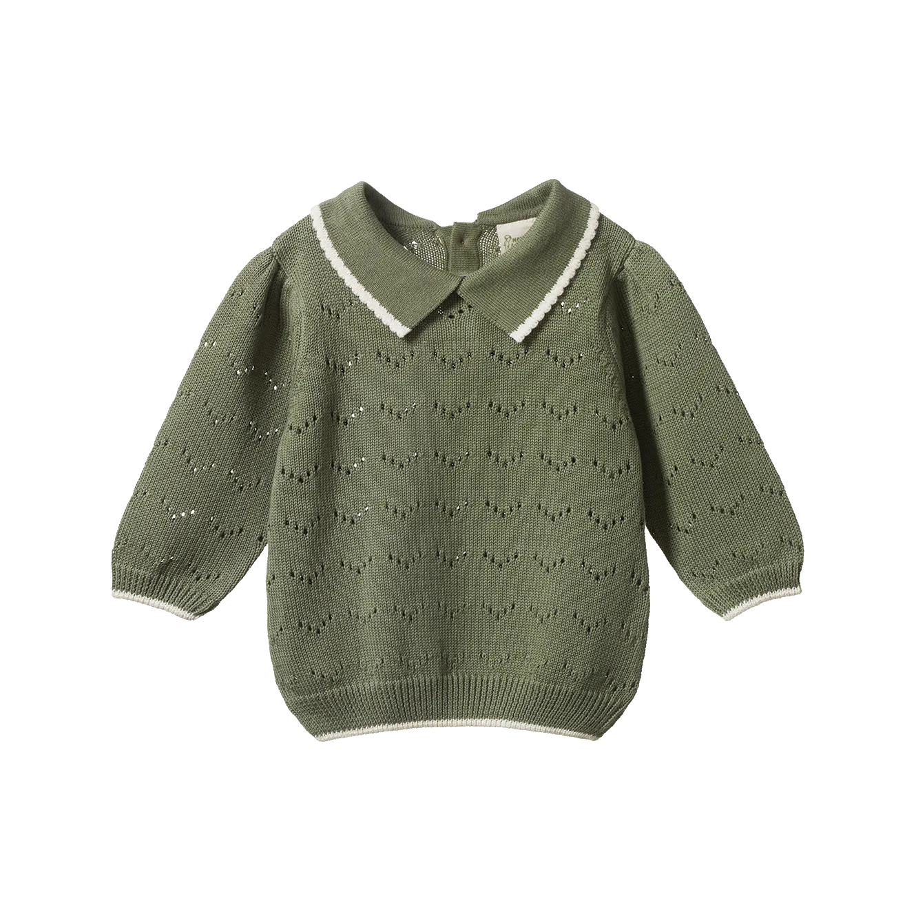 NATURE BABY LONG SLEEVE MAEVE POLO HEDGE GREEN POINTELLE