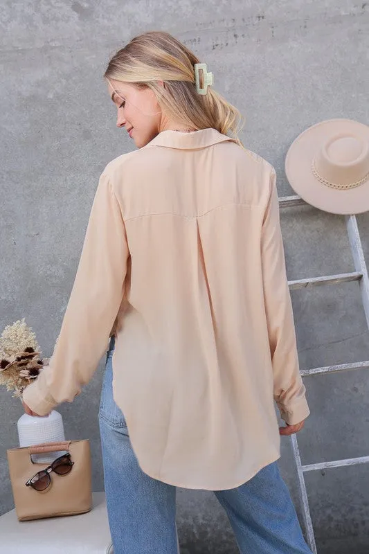 Oversized Long Sleeve Button Down Chiffon Blouse