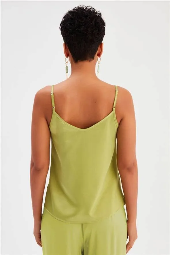 Plunging Neck Satin Blouse - Olive