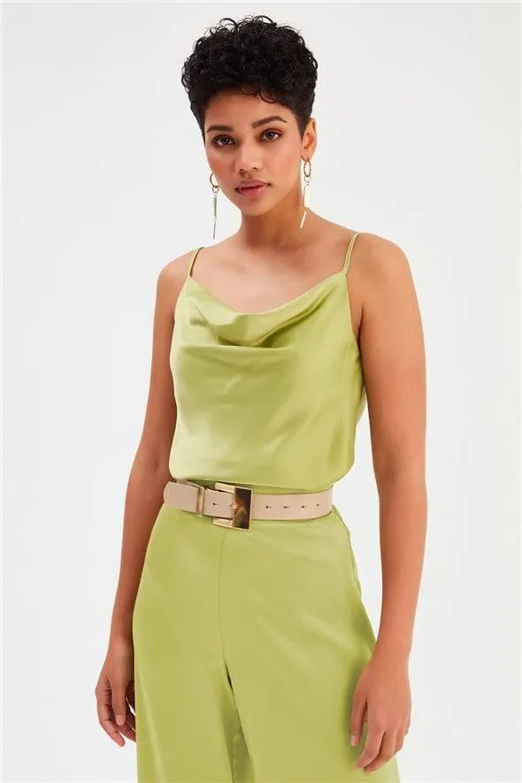 Plunging Neck Satin Blouse - Olive