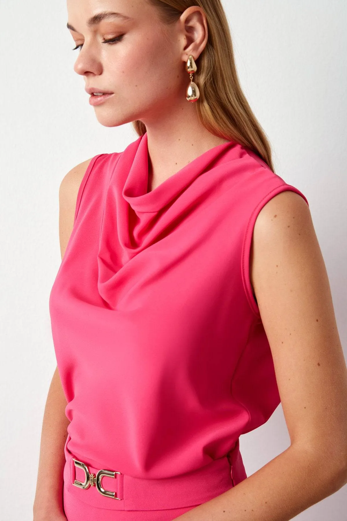 Plunging Neck Sleeveless Blouse - Hot Pink