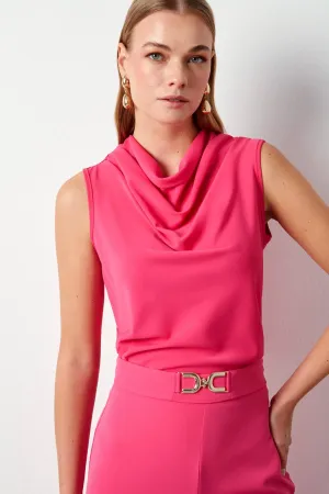 Plunging Neck Sleeveless Blouse - Hot Pink