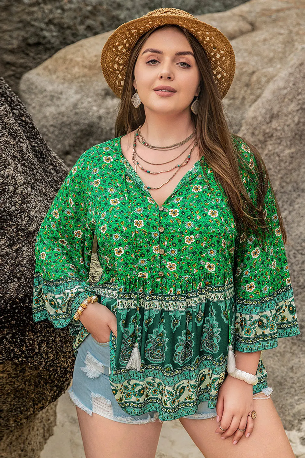 Plus Size Floral Tassel Tie Blouse