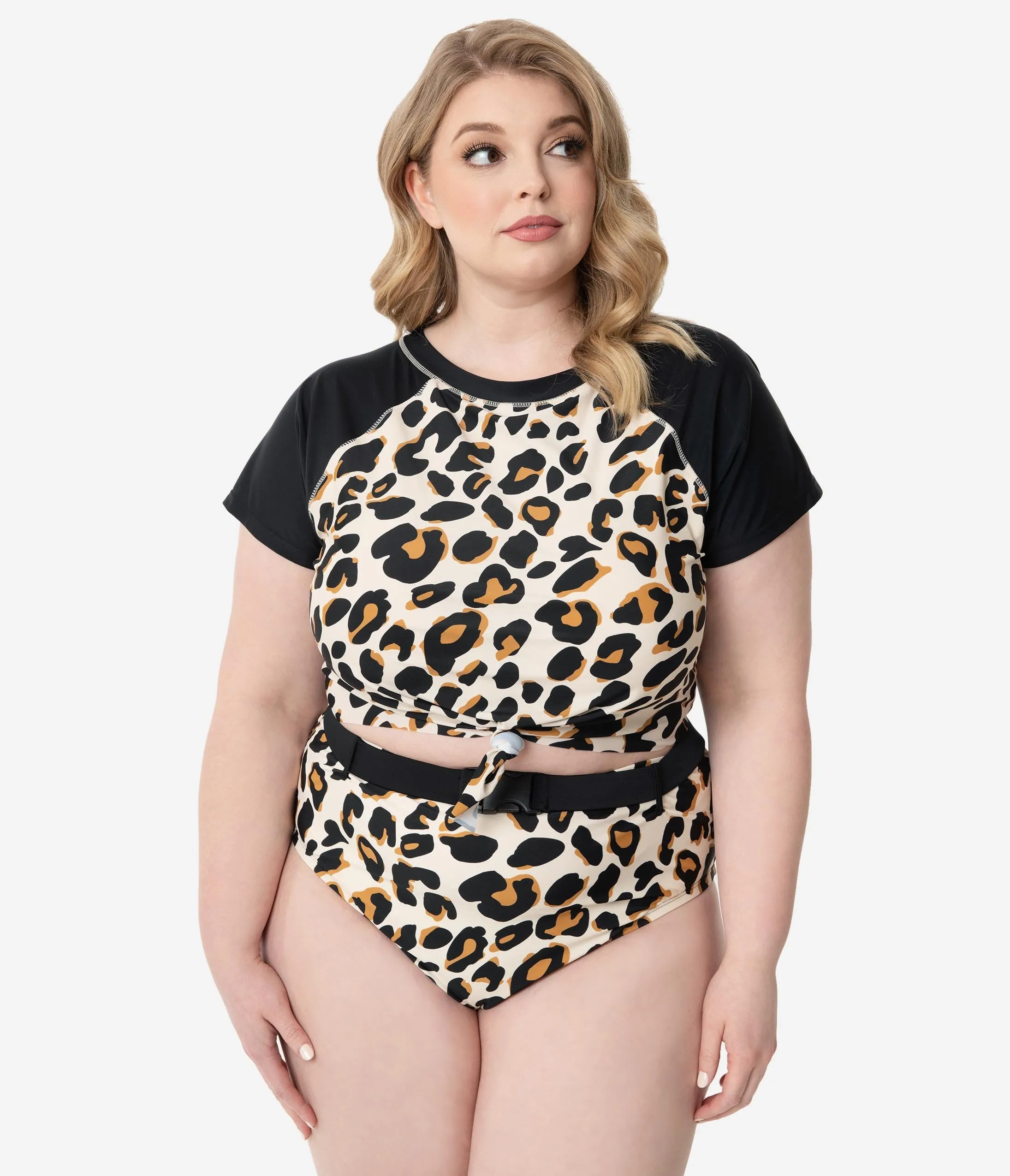 Plus Size Leopard Print Swim Crop Top