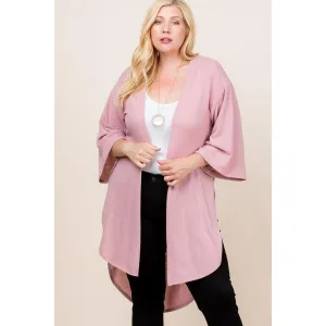 Plus Size Solid Hacci Brush Open Front Long Cardigan With Bell Sleeves