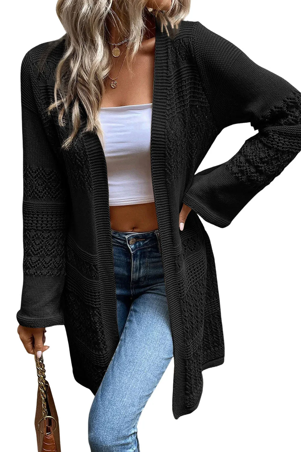 Pointelle Knit Open Front Cardigan