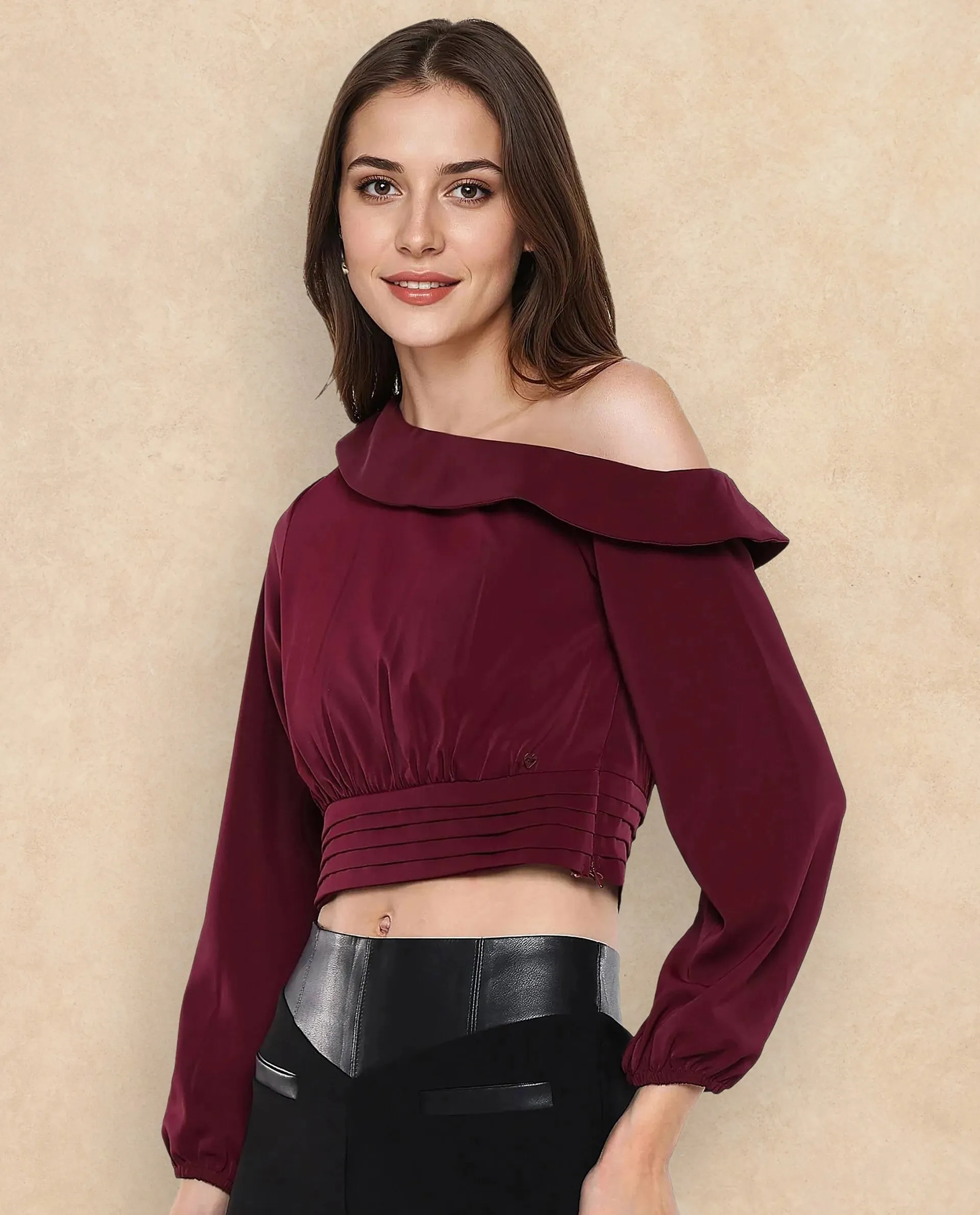 Rareism Women Darople Red Satin Bishop Sleeve One Shoulder Zipper Closure  Crop Plain Top