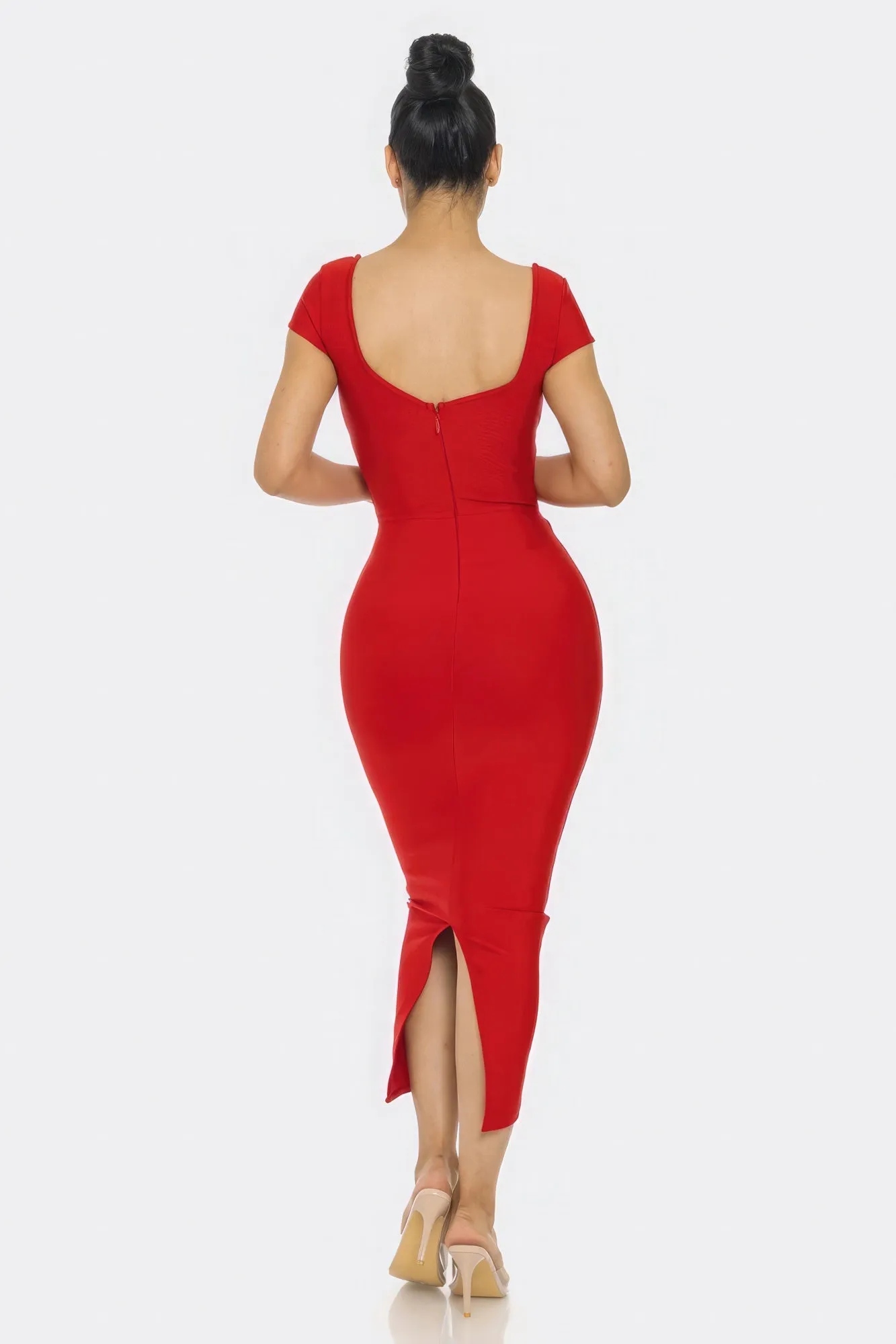 Red Bandage Side Cutouts short sleeve Tight Fit Midi Long Dress