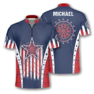 Retro American Flag Blue Custom Darts Jerseys for Men, Star Dart Flag USA Shirt, Perfect Gift for Dart Team