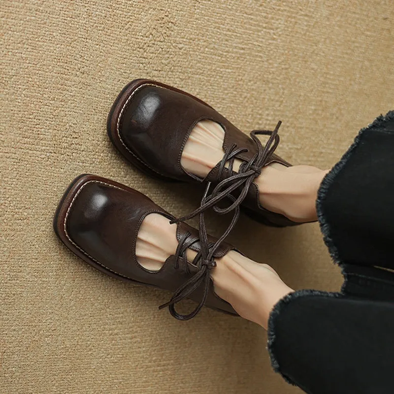 Retro Block Heel Leather Lace Up Mary Jane Shoes Handmade in Black/Coffee