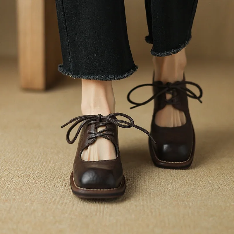 Retro Block Heel Leather Lace Up Mary Jane Shoes Handmade in Black/Coffee