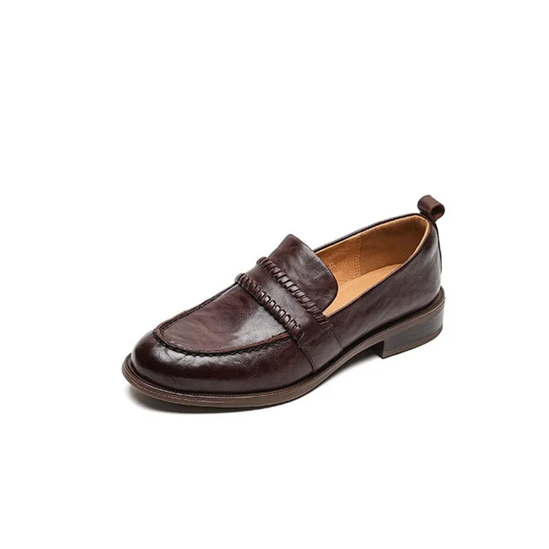 Retro British Style Cowhide Round Toe Loafers In Black/Brown/Coffee