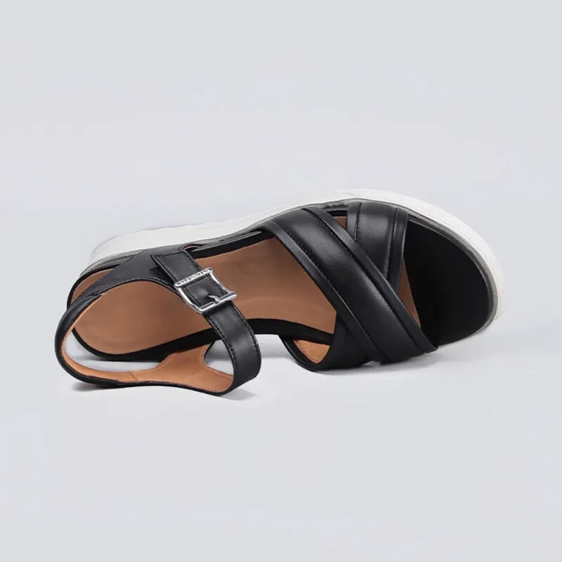 Retro Chunky Leather X Strappy Sandals in Black/White - Womens Platform Slingback