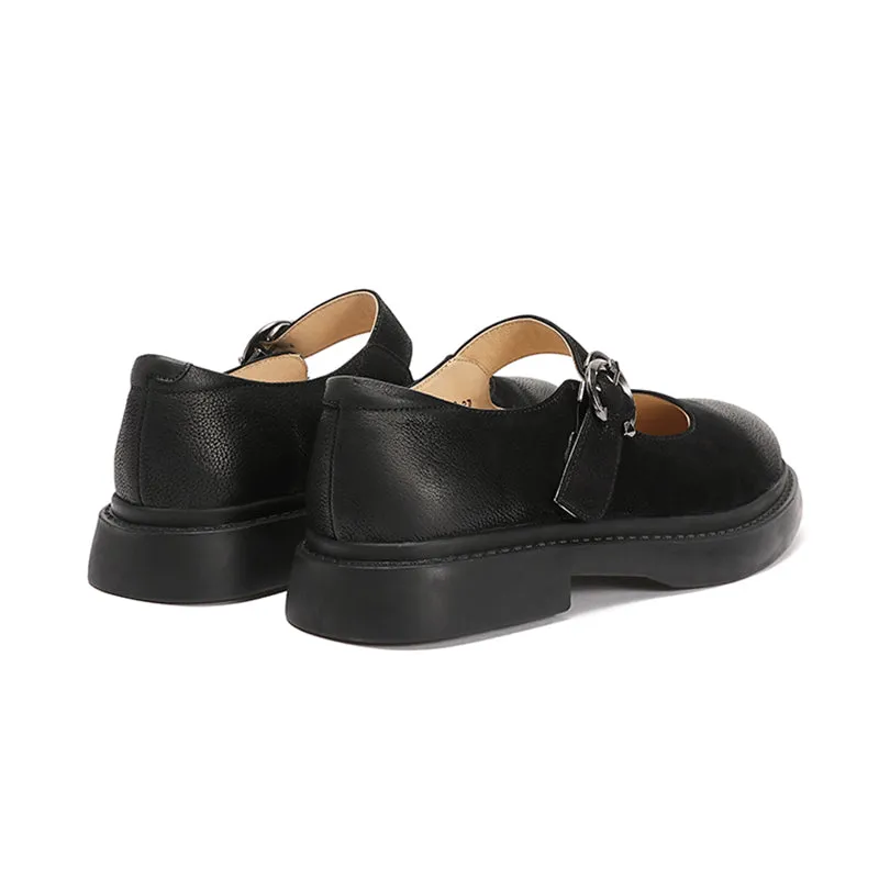 Retro Full Grain Leather Flat Mary Jane Shoes  Handmade Round Toe Black/Coffee/Brown/Black Nubuck Leather