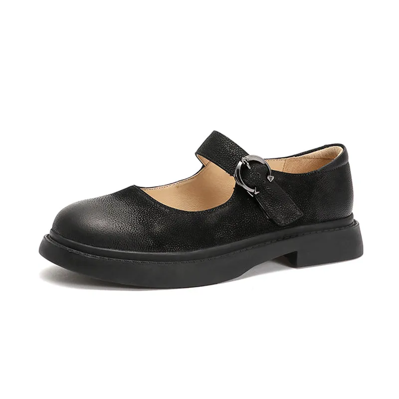 Retro Full Grain Leather Flat Mary Jane Shoes  Handmade Round Toe Black/Coffee/Brown/Black Nubuck Leather