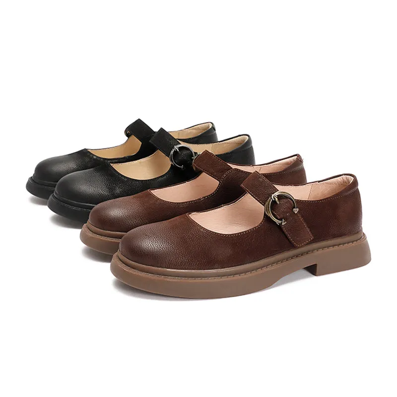 Retro Full Grain Leather Flat Mary Jane Shoes  Handmade Round Toe Black/Coffee/Brown/Black Nubuck Leather