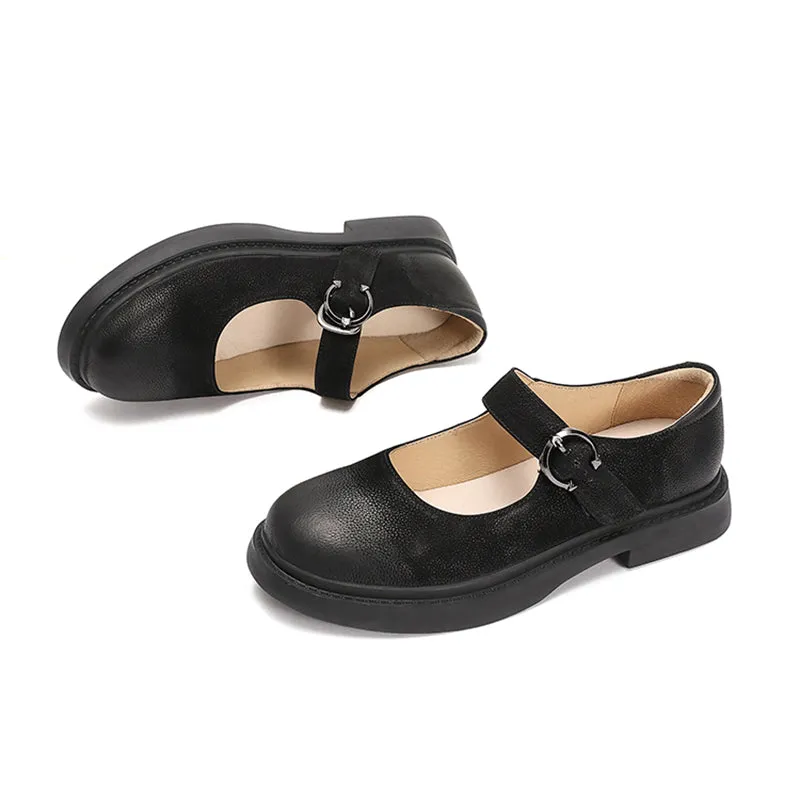 Retro Full Grain Leather Flat Mary Jane Shoes  Handmade Round Toe Black/Coffee/Brown/Black Nubuck Leather