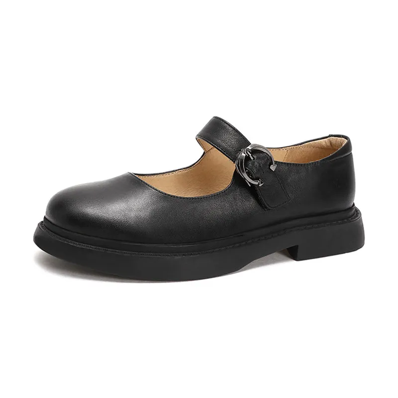 Retro Full Grain Leather Flat Mary Jane Shoes  Handmade Round Toe Black/Coffee/Brown/Black Nubuck Leather