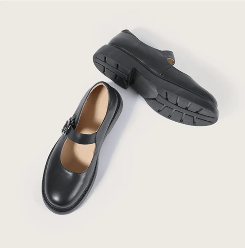 Retro Full Grain Leather Flat Mary Jane Shoes  Handmade Round Toe Black/Coffee/Brown/Black Nubuck Leather