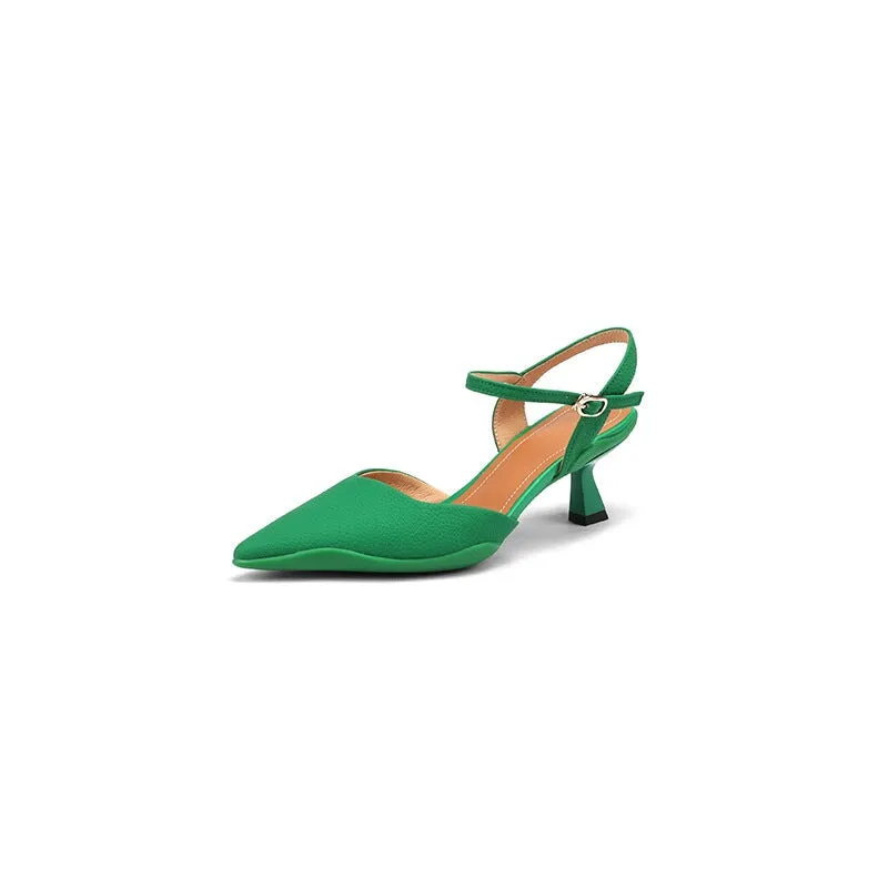 Retro Genuine Leather Kitty Heel Sandals in Orange/Beige/Green