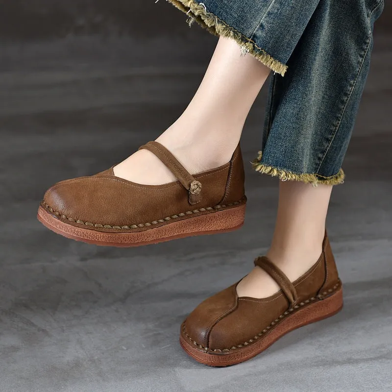 Retro Handmade Leather Flat Round Toe For Womens Mary Jane Shoes In Coffee/Brown