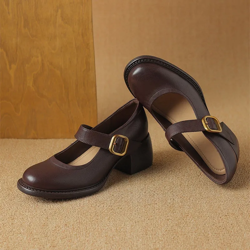 Retro Handmade Leather Mary Jane Pumps Womens Round Toe Buckle Sandals In Black/Brown