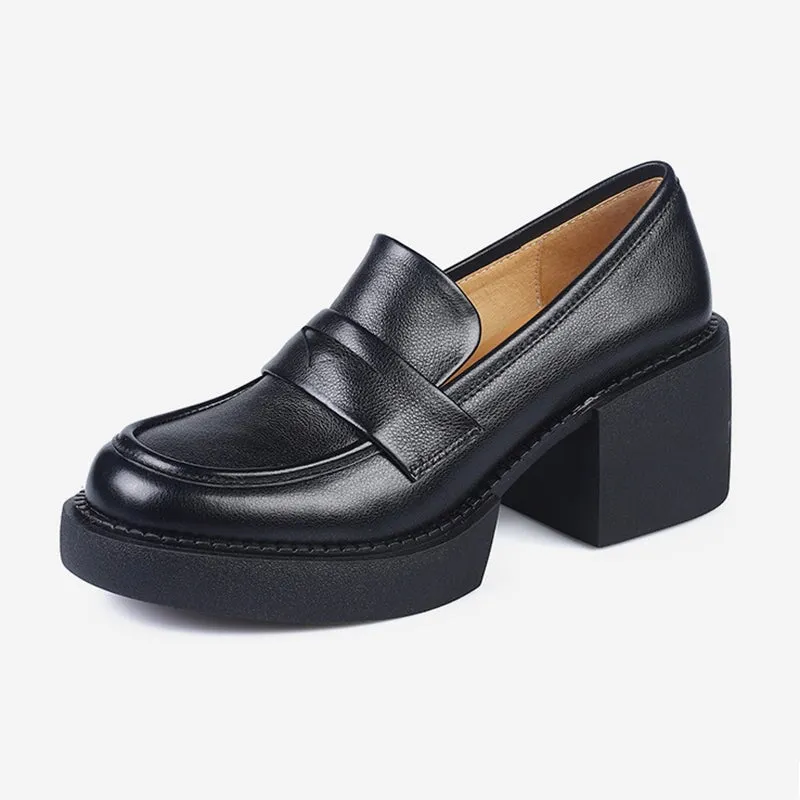 Retro Leather Penny Loafers for Women Round Toe Pumps in Black/Brown